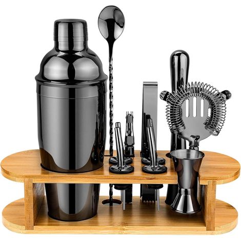 Shaker à cocktails 750 ml - Kit de barman - Acier inoxydable avec support en bambou - 10 pièces - Noir (1/5)