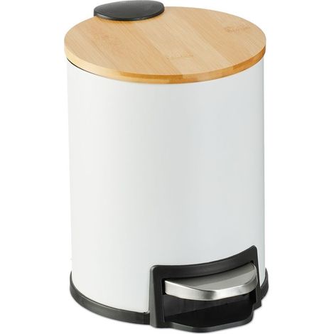 Poubelle de salle de bain, 3 l, couvercle en bambou, seau intérieur amovible, mécanisme de fermeture, blanche (1/5)