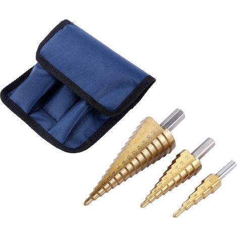 Set mit 3 HSS-Stufenbohrern mit großem Durchmesser und blauer Aufbewahrungstasche (1/5)