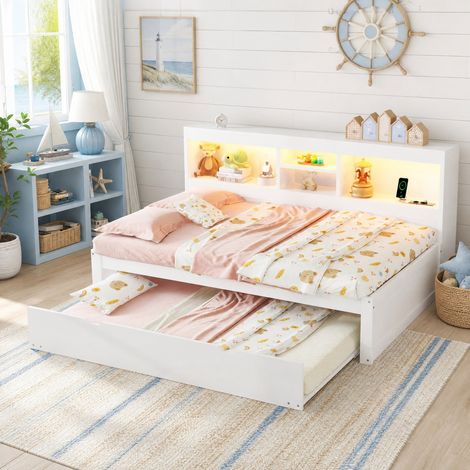 DESMIU Lit banquette 90 × 200 cm 1 place avec éclairage LED, prise, USB et rangement, sans matelas, blanc (1/5)