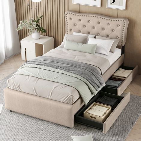 letto contenitore 90x200 con 2 cassetti imbottito beige OKMYHOME (1/5)