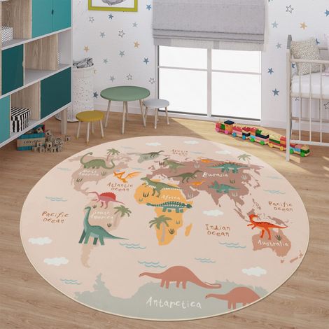 Kinderzimmerteppich Teppich Junge Mädchen Kinderteppich Rutschfest Dinos Erde 160 cm x 160 cm Beige Rund (1/5)