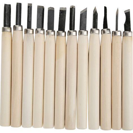 Kit de 12 outils de sculpture avec manche en bois : ciseau à graver, couteau et outil de sculpture (1/5)