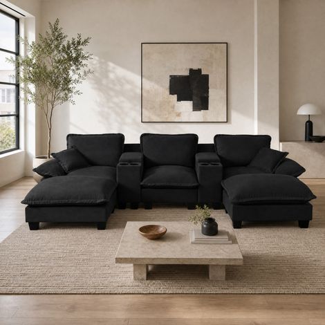 Divano modulare a U in ciniglia con USB, contenitore, portabevande e 2 pouf (1/5)