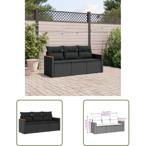 The Living Store 3-tlg. Garten-Sofagarnitur mit Kissen Schwarz Poly Rattan - Gartensofas - Outdoor Möbel - Gartenmöbel Set - Rattan Sofa - Lounge Set (1/3)