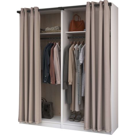 Vestidor Abierto Modular Flexa para Dormitorio en Color Madera Claro y Blanco con 2 Estantes y 2 Barras 166 cm Con Cortinas (1/5)