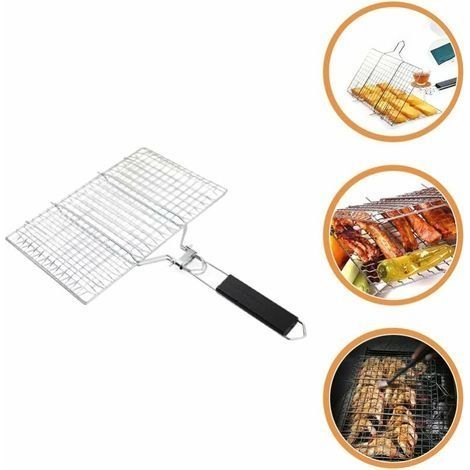 Panier de barbecue - Panier de barbecue en acier inoxydable, panier de barbecue pliable avec poignée, sac de rangement, grille de barbecue pour poisson, steak, légumes, crevettes (32 x 21.5cm) (1/4)