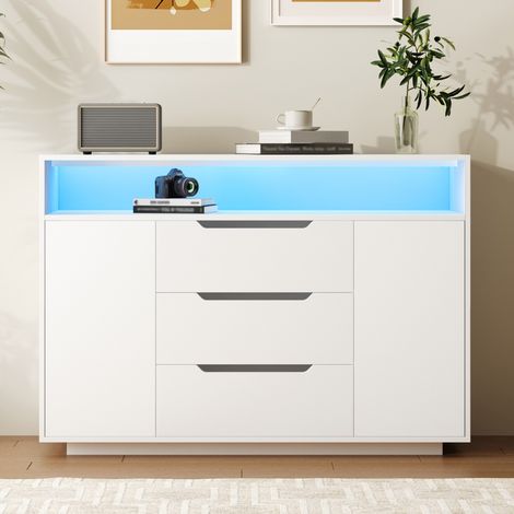 Multifunktions-Sideboard in Mattweiß mit offenem Regal, 3 Schubladen und Seitentüren, abgerundete Kanten, 120 x 40 x 85 cm