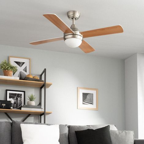 – Ventilateur de plafond bois 110cm – 4 pales – 3 vitesses – Puissance 60W – Télécommande – Système inversé pour confort thermique (1/5)