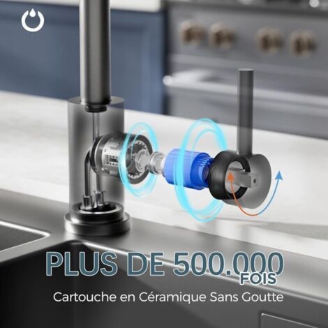 Robinet de cuisine noir , mitigeur de cuisine pivotant à 360° , acier inoxydable , levier unique en forme de L , monotrou (1/2)