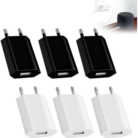 6Pcs Prise, Chargeurs USB 5W, 5V/1A Mini de Chargeur Secteur USB, Prise Secteur, Chargeurs pour Appareils Electriques à Faible Consommation, Noir, Blanc (1/5)