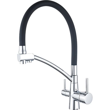 Rubinetto da cucina a tre vie, miscelatore flessibile, rubinetto per lavello per acqua potabile regolabile a 360° (doppia maniglia), corpo in ottone, rivestimento argento/nero