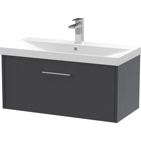 Winshill Contemporary 1 Drawer Wall Hung Vanity Unit with Thin Edge Basin, Woodgrain Dark Grey, 800mm