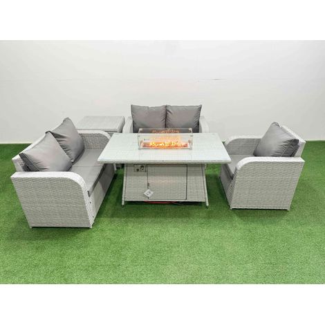 Fimous High Back Poly Rattan Garden Furniture Set with Reclining Chair Loveseat Sofa Firepit Dining Table Indoor Outdoor Patio  Set Side Table Light Grey (1/4)