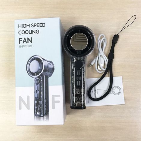 Mini ventilatore portatile con display digitale, 100 velocità regolabili, ricarica USB, adatto per uso interno/esterno, colore nero.