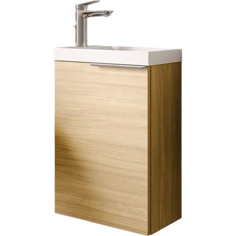 Waschtischunterschrank Bernstein TIM 40cm mit Waschbecken Eiche nebelgrau Metallgriff Chrom