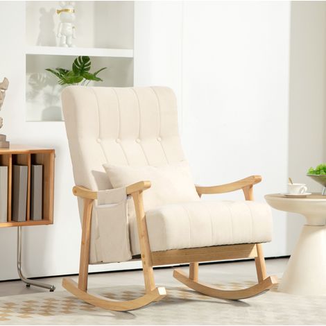 Sedia a dondolo 65x90x98 cm beige in poliestere con cuscino lombare e tasca laterale (1/5)
