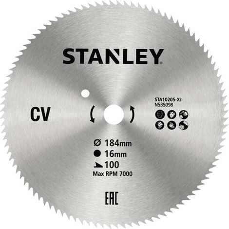 Lame chromée ø 184x16 mm. 100 dents. Coupe fine et contraire de grain de bois tendre et de contreplaqué. STANLEY STA10205-XJ