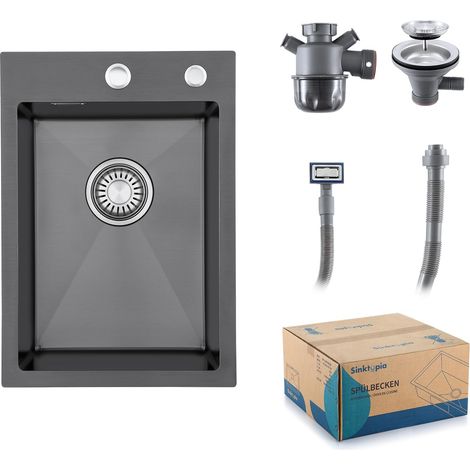 Evier Inox 1 Bac Avec Siphon Évier de Cuisine 2 Trou de Robinet 35×50 cm (1/5)
