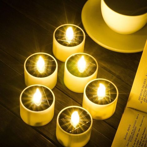 Lot de 6 bougies solaires LED d'extérieur, bougies chauffe-plat rechargeables, idéales pour les fêtes, les jardins, les cimetières, les lanternes et les chambres à coucher. (1/4)