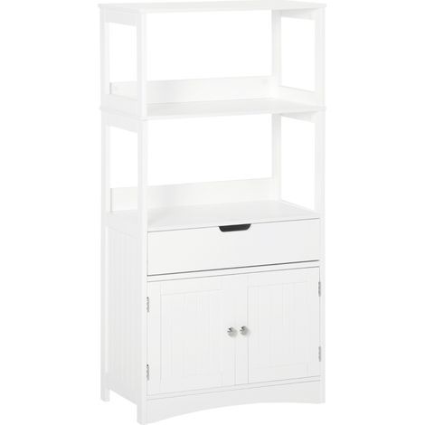 Bathroom Floor Cabinet, Free Standing Kitchen Cupboard with Shelves, Drawer and Doors, Storage Organizer for Living Room, White (1/4)