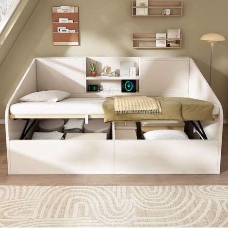 Cama tipo diván 90x190 cm blanca de madera con somier de láminas, arcón y estación de carga USB/Type-C