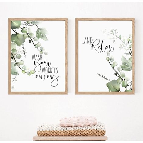 Badezimmer-Poster, HD-Druck auf Leinwand, botanisches Motiv mit tropischen Blättern, „Spüle deine Sorgen weg und entspanne dich“, 2-teiliges Wandbild, 30 x 40 cm, ungerahmt (1/4)