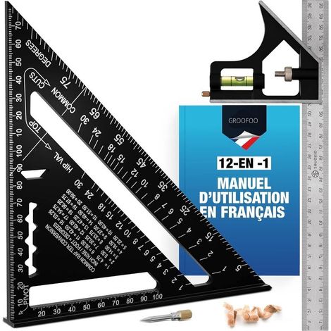 Equerre Menuisier (Set de 2) - Kit Complet Équerres de Charpentier 12-EN-1 - Équerre Trusquin Metal 185mm + Outils de Traçage 300mm - Equerres Multifonctionnels pour Bricolage Outillage (1/5)