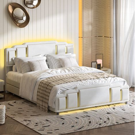 Lit rembourré en velours beige 140x200 cm avec LED, 4 tiroirs de rangement et sommier à lattes (1/5)