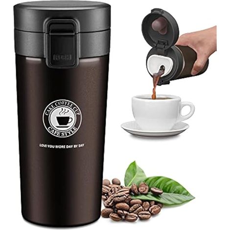 Mug Café Isotherme de Voyage 380 ML,Thermo Bouteille,Double Paroi Isolée sous Vide, sans Fuite, sans BPA, Acier Inoxydable (marron) (1/5)
