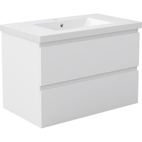 AVER-GROWTH White Matte Wall Mounted Bathroom Vanity Cabinet with Resin Curved Basin 2 Handleless style Drawers (W)800mm (1/5)