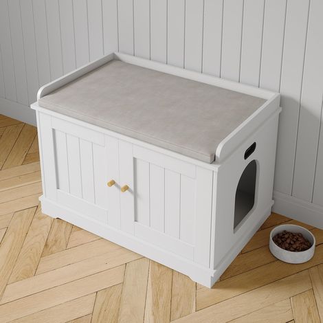 Meuble cache-litière pour chat – Armoire fermée en bois avec porte grange, table d’appoint moderne – Protection anti-chien, rangement élégant, adapté à la plupart des bacs à litière – Blanc (1/5)