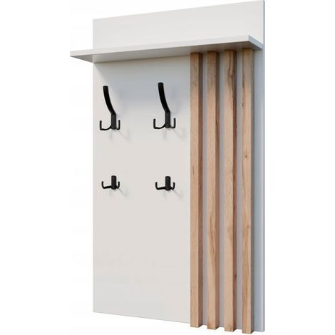 Porte-manteau mural 100x60 cm Blanc avec lattes en Chêne Wotan– Rangement mural pratique pour entrée (1/4)