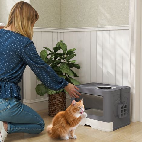 Litière Chat Recouverte Brosse Palettes Portes Entrée Principale Sortie Supérieure Animaux Compagnie Gris 48,5x38x36,5cm