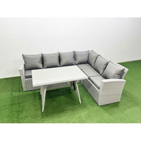 Fimous 6 Seater Garden Outdoor Rattan Furniture Set Rattan Corner Sofa Oblong Dining Table Set Light Grey Mixed (1/4)
