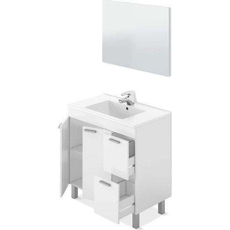 Meuble salle de bain Sous-Vasque + 1 Miroir, coloris blanc brillant - Longueur 80 x Hauteur 80 x Profondeur 45 cm
