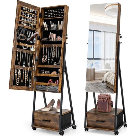 GOPLUS Armoire à Bijoux 2 en 1 avec Miroir Pleine Longueur, Organisateur de Bijoux sur Pied avec Roulettes Verrouillables,Marron (1/4)