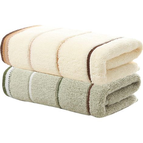 Ensemble de 2 serviettes de bain en coton, dimensions : 70 x 140 cm, très absorbantes et légères, blanc cassé et gris-vert. (1/4)
