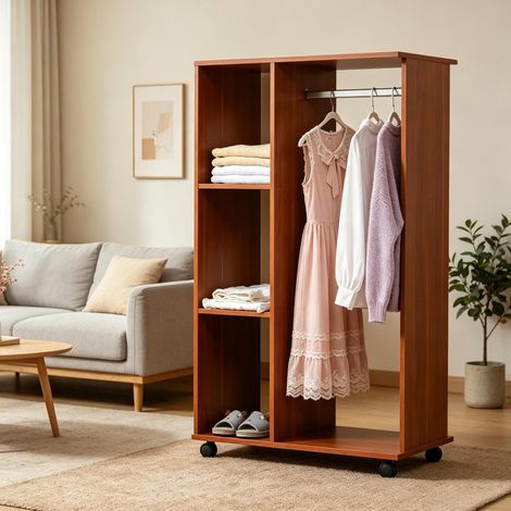 Dressing ouvert mobile avec tringle et 3 étagères, 80 x 40 x 128 cm, noyer DESVIAE (1/5)