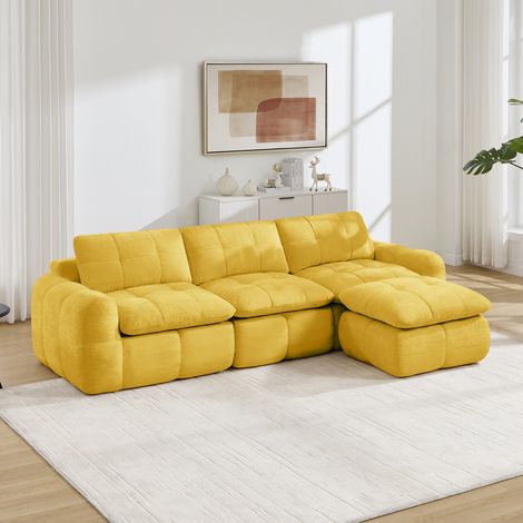 Canapé d'angle modulable en L 3 places avec 1 pouf, sans cadre ni montage, mousse 32D haute densité, revêtement en chenille pour salon, jaune (1/5)