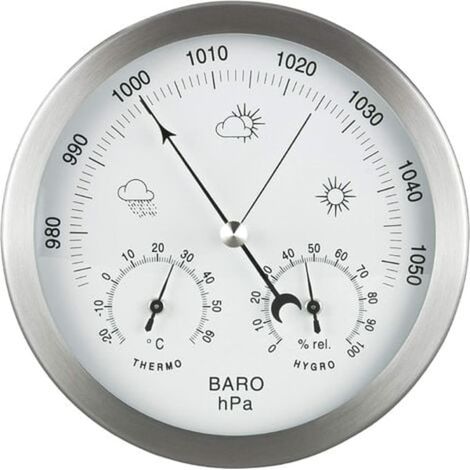 Station météo analogique 3-en-1 en acier inoxydable Ø132 mm - Baromètre, thermomètre, hygromètre, argenté (1/4)