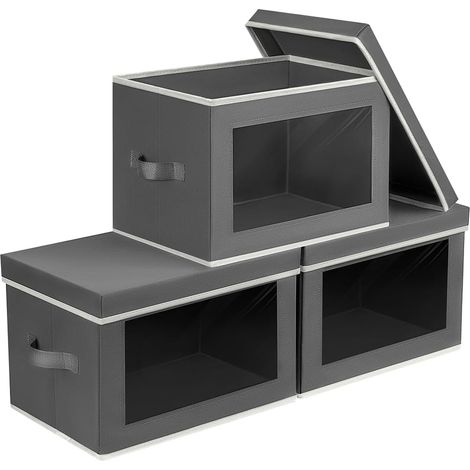 Aufbewahrungsboxen mit Deckel - Stoffaufbewahrungsboxen mit Deckel, faltbare Aufbewahrungsboxen mit Sichtfenster, dekorative Aufbewahrung für Kleidung, Handtücher, Bücher, 3er-Set, dunkelgrau.