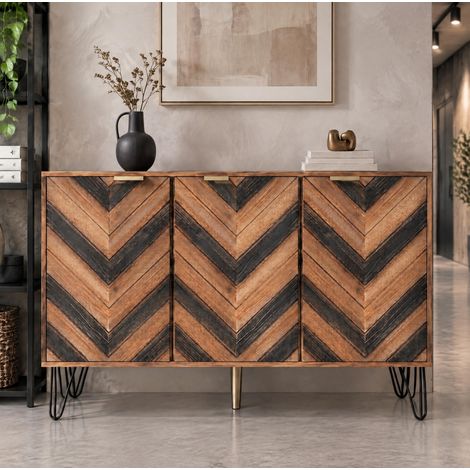 Buffet bas, Bahut de salon salle à manger meuble de rangement, 3 portes motif chevrons pieds en métal, 120x38x76.5cm, Bois Foncé et Noir (1/5)