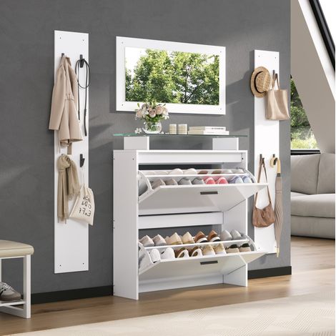 Mobile portascarpe ingresso 89,5x23x96,5 cm in pannelli di legno bianco, salvaspazio, FloraGrace (1/5)