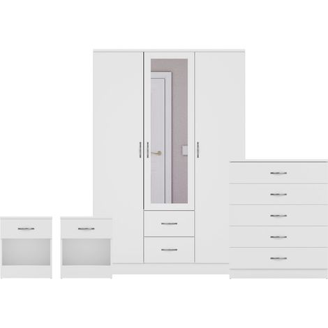 Riano 4 Piece Bedroom Set (1 Drw Bedside Chest, 5 Drw Chest, 3 Dr 2 Drw Mirrored Wardrobe), White (1/3)