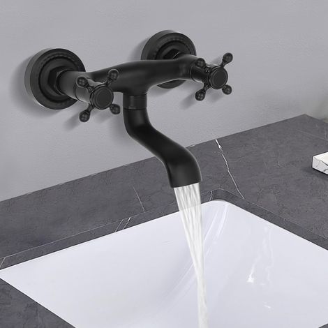 Robinet de baignoire à deux poignées - Montage mural - Pivotant à 360° - Pour une utilisation dans les baignoires, les cuisines et les salles de bains - Noir (1/5)