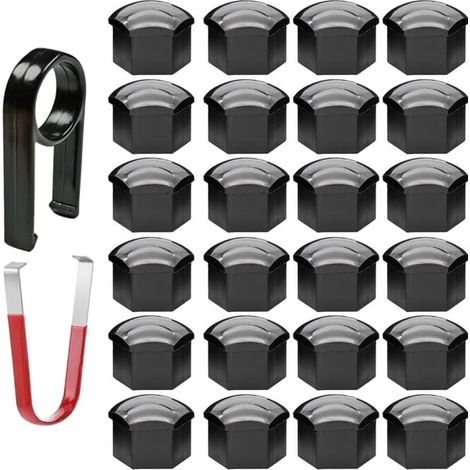 24 Pièces Cache-Écrous de Roue 17mm Hexagonaux Noir avec Outil de Montage pour Voiture (1/4)