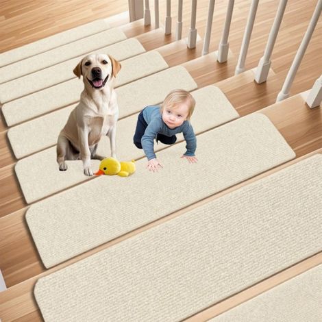 Lot de 15 tapis de marches d’escalier auto-adhésifs antidérapants pour intérieur, 60 x 20 cm, tapis de marche pour enfants, personnes âgées et animaux de compagnie (Beige) (1/5)