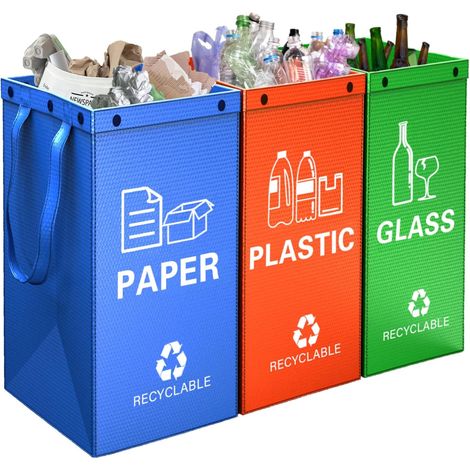 Sac tri selectif 3 bac de Déchets et Recyclage avec poignée Organisateur de tri séparé Sac poubelle Tri tissé étanche pour le verre, le papier et le plastique (1/5)