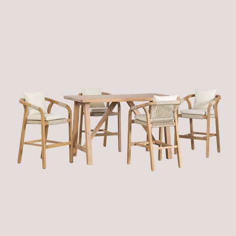 Set tavolo alto rettangolare 160x90 cm e 4 sgabelli alti da giardino in legno di acacia Dubai SKLUM            